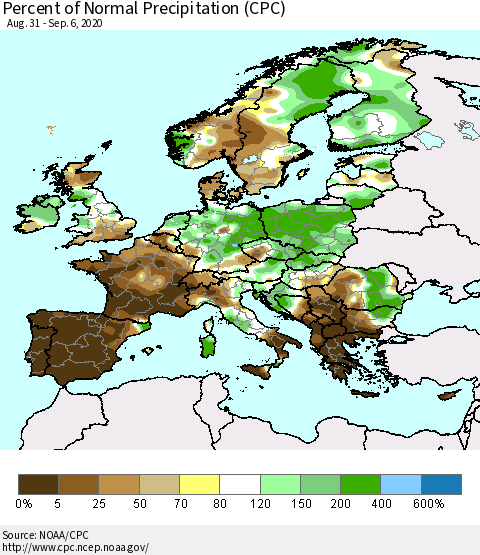 Europe Percent of Normal Precipitation (CPC) Thematic Map For 8/31/2020 - 9/6/2020