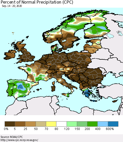 Europe Percent of Normal Precipitation (CPC) Thematic Map For 9/14/2020 - 9/20/2020