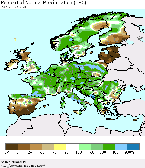 Europe Percent of Normal Precipitation (CPC) Thematic Map For 9/21/2020 - 9/27/2020