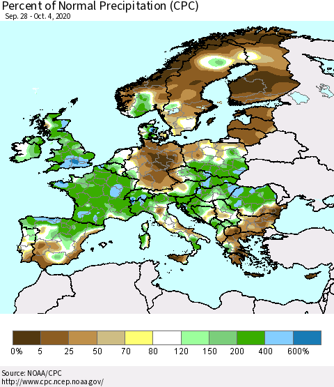 Europe Percent of Normal Precipitation (CPC) Thematic Map For 9/28/2020 - 10/4/2020