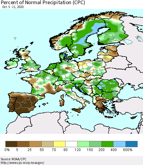 Europe Percent of Normal Precipitation (CPC) Thematic Map For 10/5/2020 - 10/11/2020