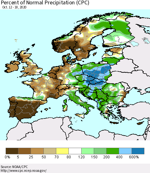 Europe Percent of Normal Precipitation (CPC) Thematic Map For 10/12/2020 - 10/18/2020