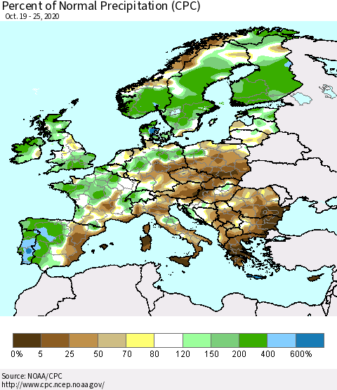 Europe Percent of Normal Precipitation (CPC) Thematic Map For 10/19/2020 - 10/25/2020