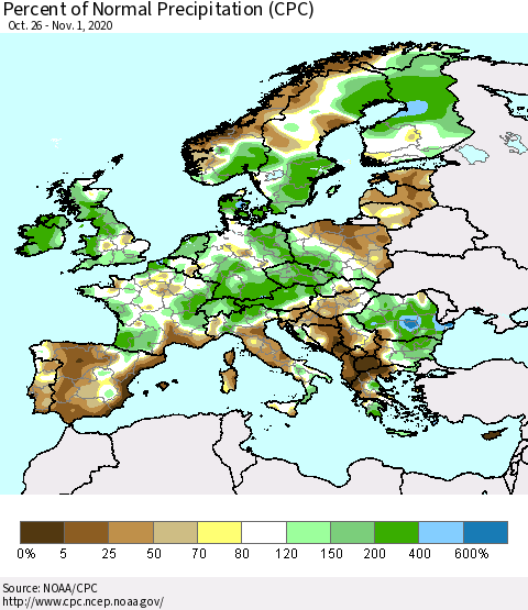 Europe Percent of Normal Precipitation (CPC) Thematic Map For 10/26/2020 - 11/1/2020