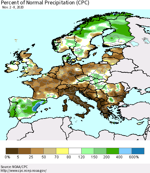 Europe Percent of Normal Precipitation (CPC) Thematic Map For 11/2/2020 - 11/8/2020