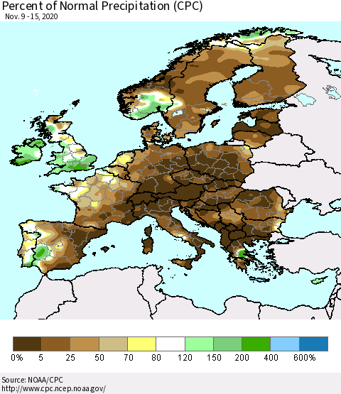 Europe Percent of Normal Precipitation (CPC) Thematic Map For 11/9/2020 - 11/15/2020