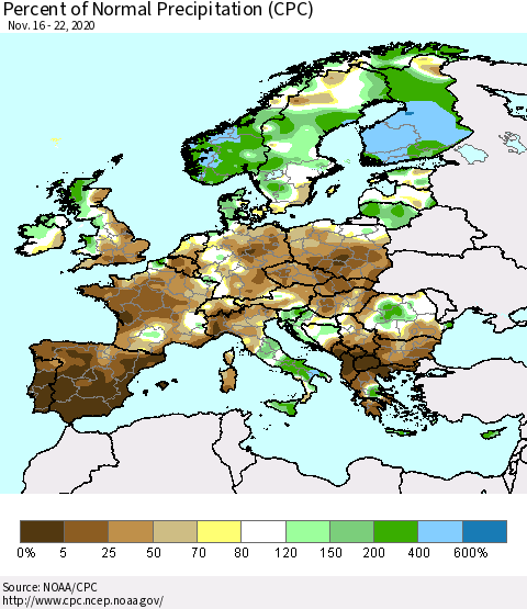 Europe Percent of Normal Precipitation (CPC) Thematic Map For 11/16/2020 - 11/22/2020