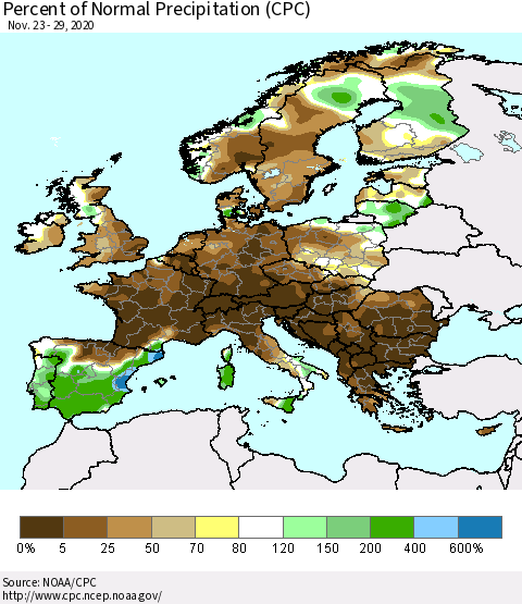 Europe Percent of Normal Precipitation (CPC) Thematic Map For 11/23/2020 - 11/29/2020