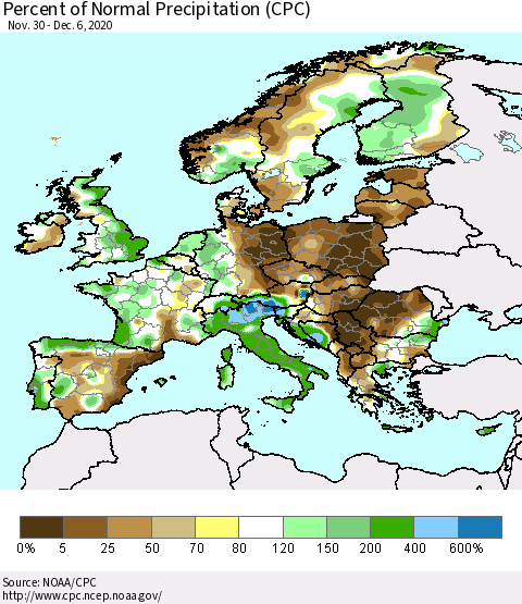 Europe Percent of Normal Precipitation (CPC) Thematic Map For 11/30/2020 - 12/6/2020