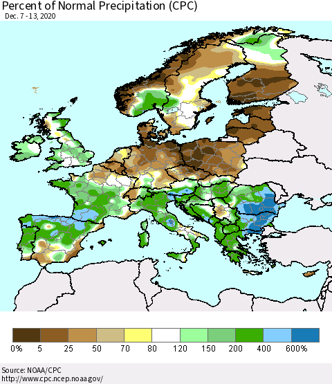 Europe Percent of Normal Precipitation (CPC) Thematic Map For 12/7/2020 - 12/13/2020