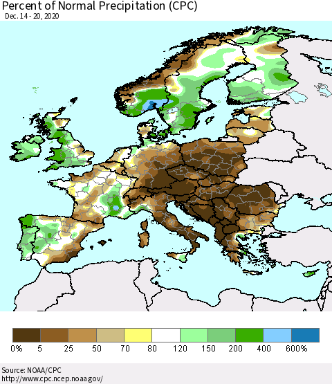 Europe Percent of Normal Precipitation (CPC) Thematic Map For 12/14/2020 - 12/20/2020