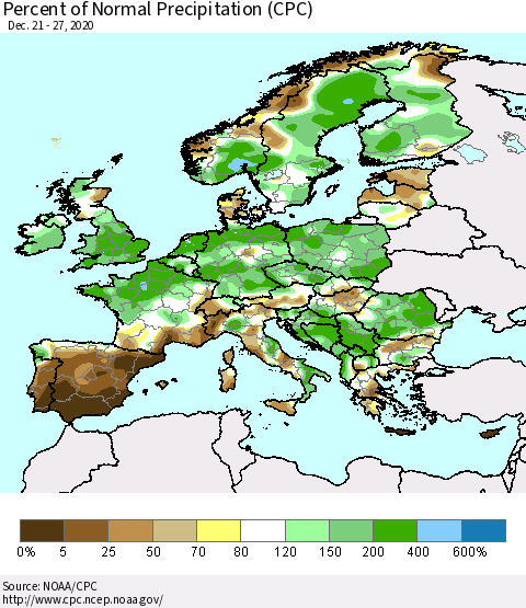 Europe Percent of Normal Precipitation (CPC) Thematic Map For 12/21/2020 - 12/27/2020
