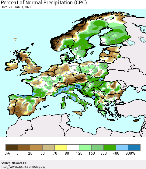Europe Percent of Normal Precipitation (CPC) Thematic Map For 12/28/2020 - 1/3/2021