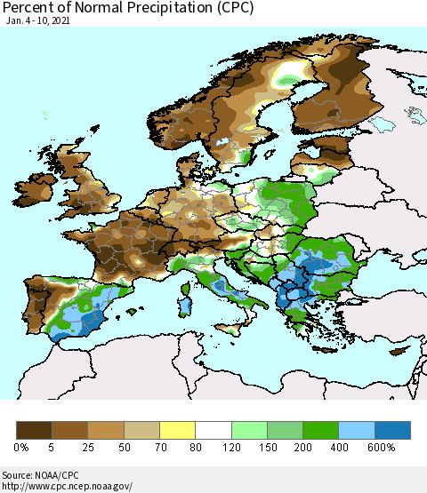 Europe Percent of Normal Precipitation (CPC) Thematic Map For 1/4/2021 - 1/10/2021