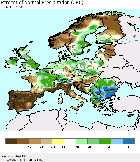 Europe Percent of Normal Precipitation (CPC) Thematic Map For 1/11/2021 - 1/17/2021