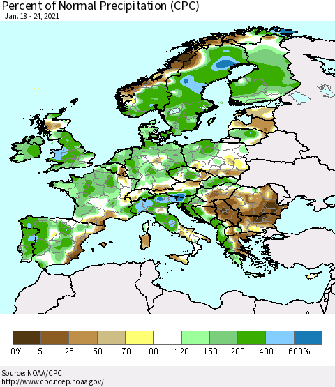 Europe Percent of Normal Precipitation (CPC) Thematic Map For 1/18/2021 - 1/24/2021