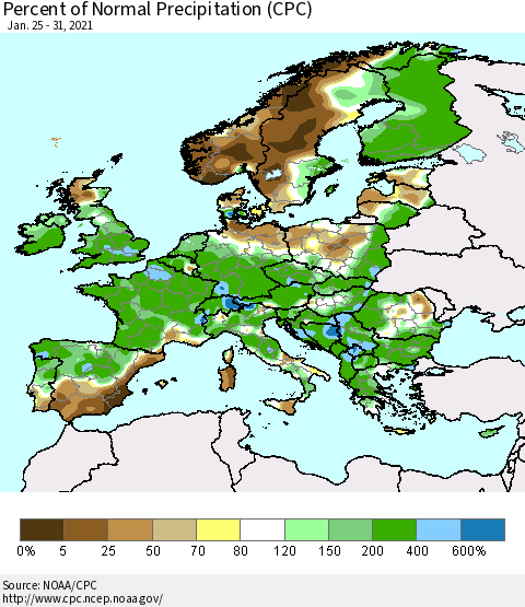 Europe Percent of Normal Precipitation (CPC) Thematic Map For 1/25/2021 - 1/31/2021