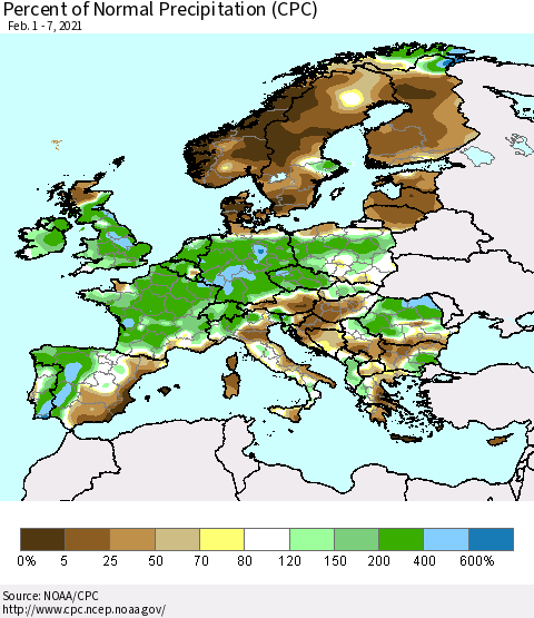 Europe Percent of Normal Precipitation (CPC) Thematic Map For 2/1/2021 - 2/7/2021