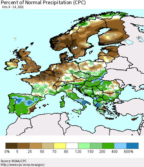 Europe Percent of Normal Precipitation (CPC) Thematic Map For 2/8/2021 - 2/14/2021
