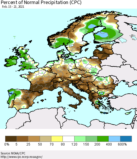 Europe Percent of Normal Precipitation (CPC) Thematic Map For 2/15/2021 - 2/21/2021