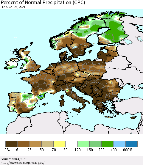 Europe Percent of Normal Precipitation (CPC) Thematic Map For 2/22/2021 - 2/28/2021
