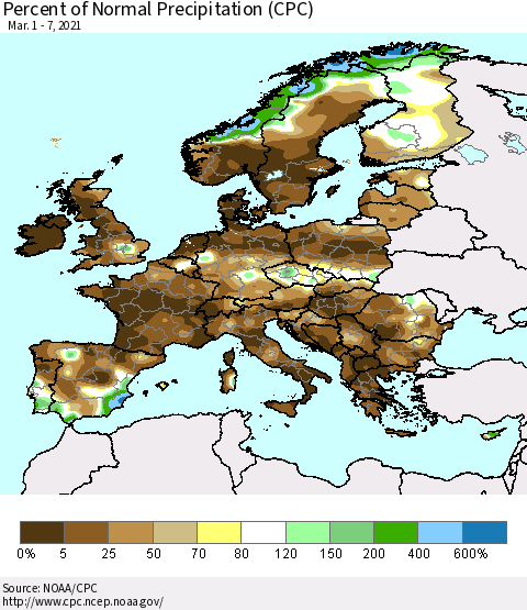 Europe Percent of Normal Precipitation (CPC) Thematic Map For 3/1/2021 - 3/7/2021