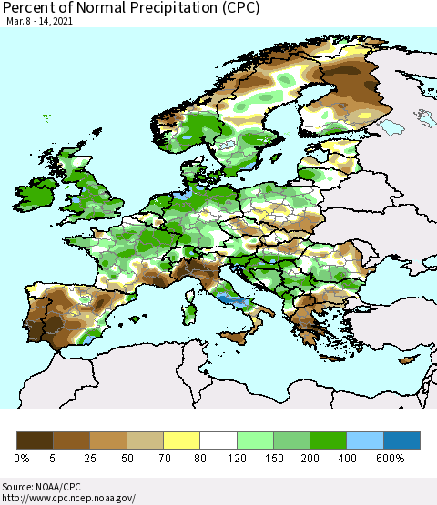 Europe Percent of Normal Precipitation (CPC) Thematic Map For 3/8/2021 - 3/14/2021
