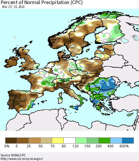 Europe Percent of Normal Precipitation (CPC) Thematic Map For 3/15/2021 - 3/21/2021