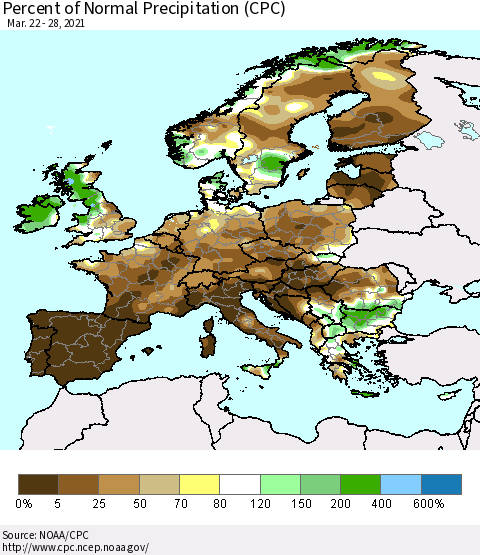 Europe Percent of Normal Precipitation (CPC) Thematic Map For 3/22/2021 - 3/28/2021