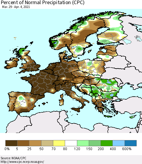 Europe Percent of Normal Precipitation (CPC) Thematic Map For 3/29/2021 - 4/4/2021
