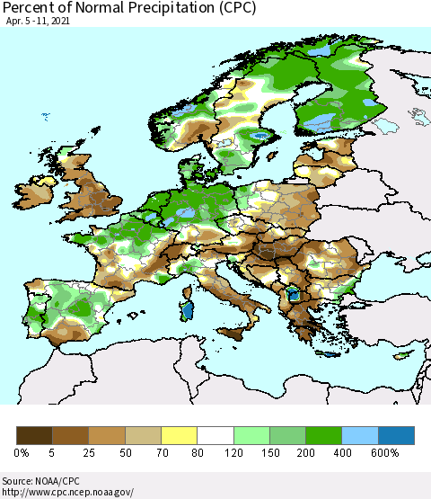 Europe Percent of Normal Precipitation (CPC) Thematic Map For 4/5/2021 - 4/11/2021
