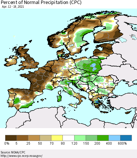 Europe Percent of Normal Precipitation (CPC) Thematic Map For 4/12/2021 - 4/18/2021