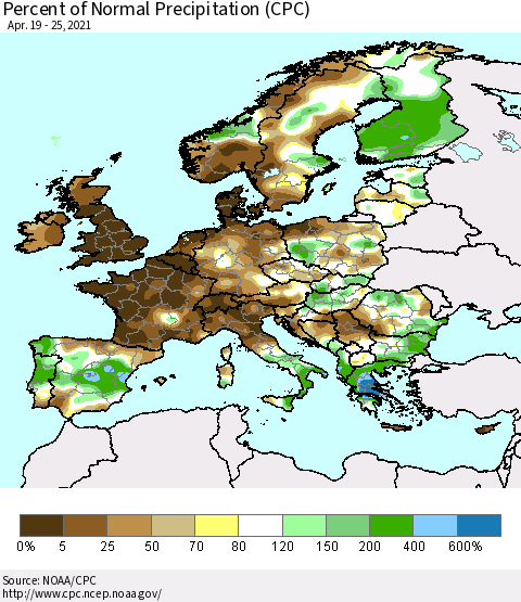 Europe Percent of Normal Precipitation (CPC) Thematic Map For 4/19/2021 - 4/25/2021