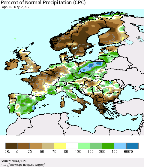 Europe Percent of Normal Precipitation (CPC) Thematic Map For 4/26/2021 - 5/2/2021