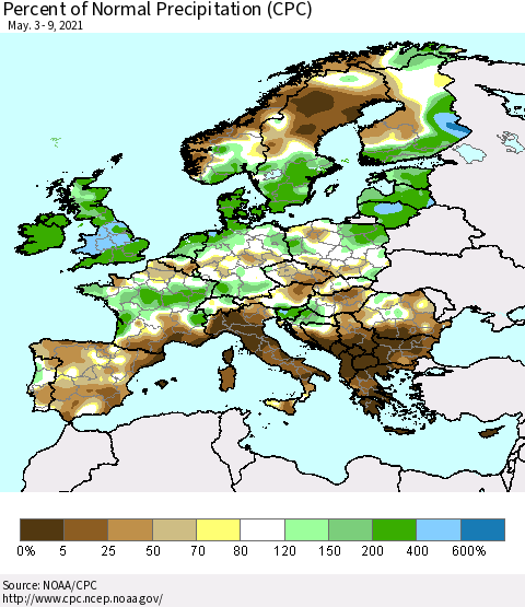 Europe Percent of Normal Precipitation (CPC) Thematic Map For 5/3/2021 - 5/9/2021