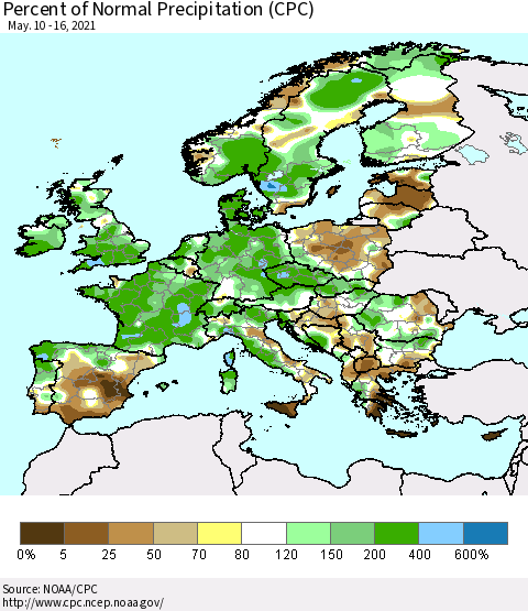 Europe Percent of Normal Precipitation (CPC) Thematic Map For 5/10/2021 - 5/16/2021