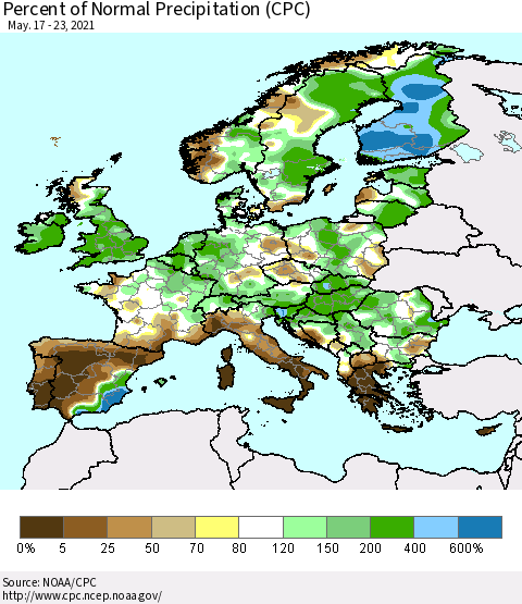 Europe Percent of Normal Precipitation (CPC) Thematic Map For 5/17/2021 - 5/23/2021