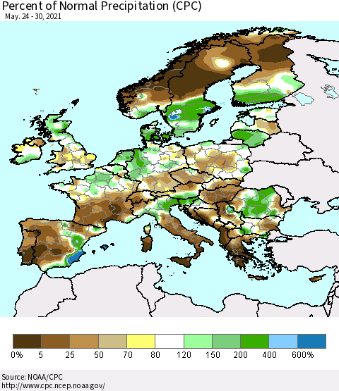 Europe Percent of Normal Precipitation (CPC) Thematic Map For 5/24/2021 - 5/30/2021