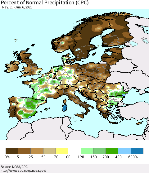 Europe Percent of Normal Precipitation (CPC) Thematic Map For 5/31/2021 - 6/6/2021