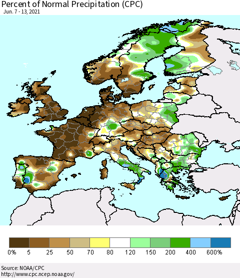 Europe Percent of Normal Precipitation (CPC) Thematic Map For 6/7/2021 - 6/13/2021