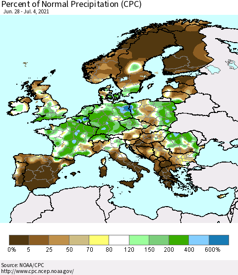Europe Percent of Normal Precipitation (CPC) Thematic Map For 6/28/2021 - 7/4/2021