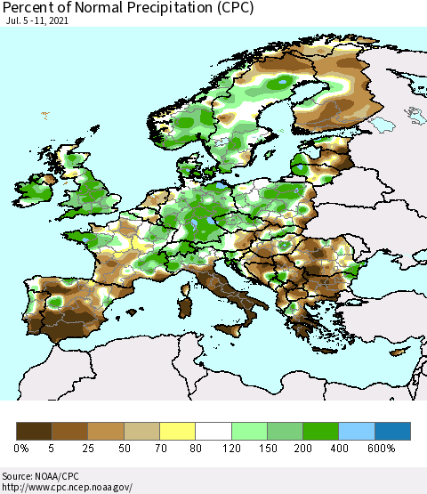 Europe Percent of Normal Precipitation (CPC) Thematic Map For 7/5/2021 - 7/11/2021