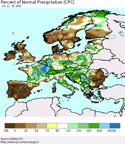 Europe Percent of Normal Precipitation (CPC) Thematic Map For 7/12/2021 - 7/18/2021