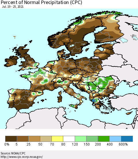 Europe Percent of Normal Precipitation (CPC) Thematic Map For 7/19/2021 - 7/25/2021