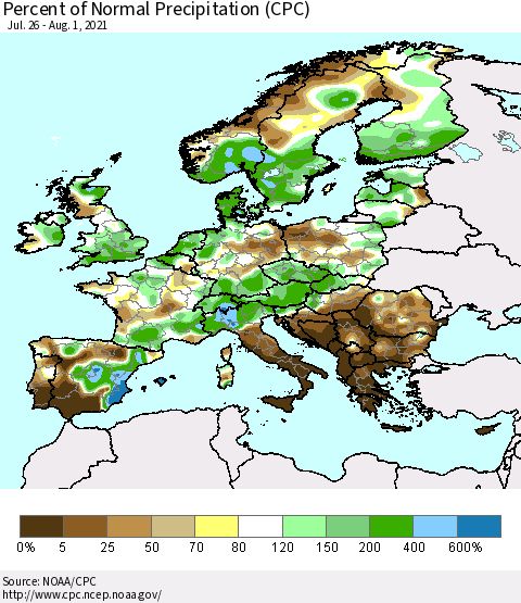 Europe Percent of Normal Precipitation (CPC) Thematic Map For 7/26/2021 - 8/1/2021