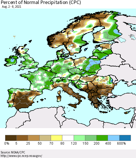 Europe Percent of Normal Precipitation (CPC) Thematic Map For 8/2/2021 - 8/8/2021
