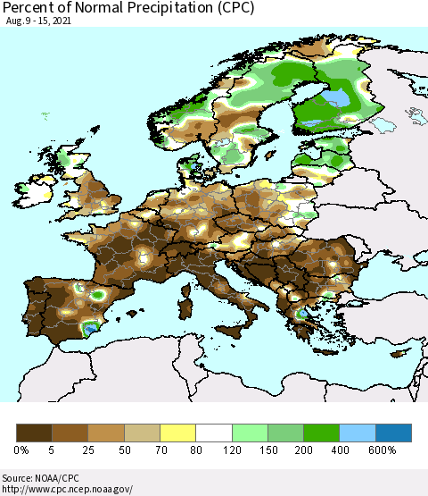 Europe Percent of Normal Precipitation (CPC) Thematic Map For 8/9/2021 - 8/15/2021