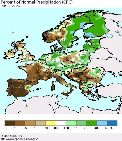 Europe Percent of Normal Precipitation (CPC) Thematic Map For 8/16/2021 - 8/22/2021
