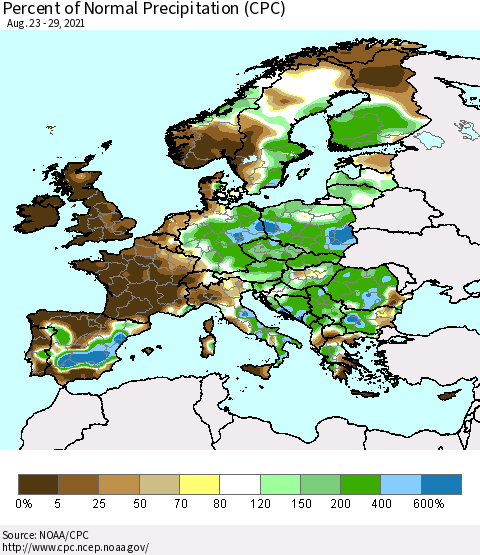 Europe Percent of Normal Precipitation (CPC) Thematic Map For 8/23/2021 - 8/29/2021