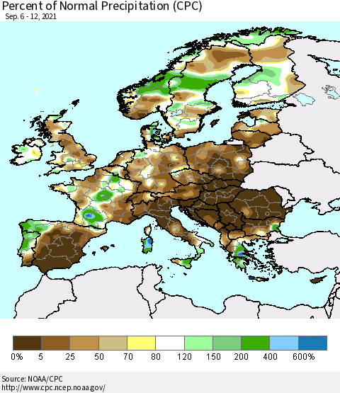 Europe Percent of Normal Precipitation (CPC) Thematic Map For 9/6/2021 - 9/12/2021